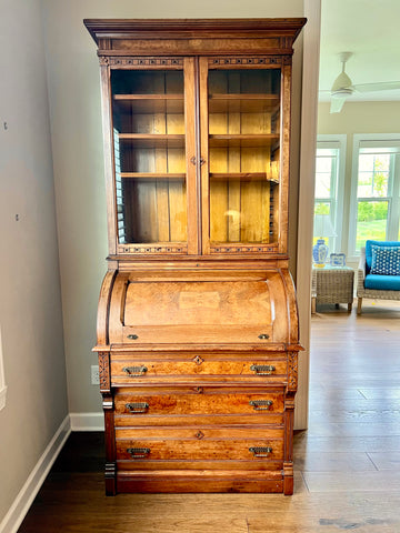 Victorian Antique Burled Walnut Roll Top Secretary Desk, Bookcase