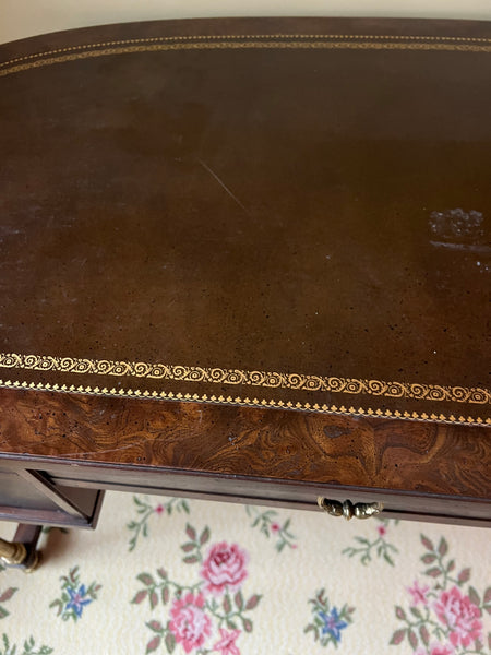 1980's Sligh Burled Walnut Brass Leg Leather Topped Desk