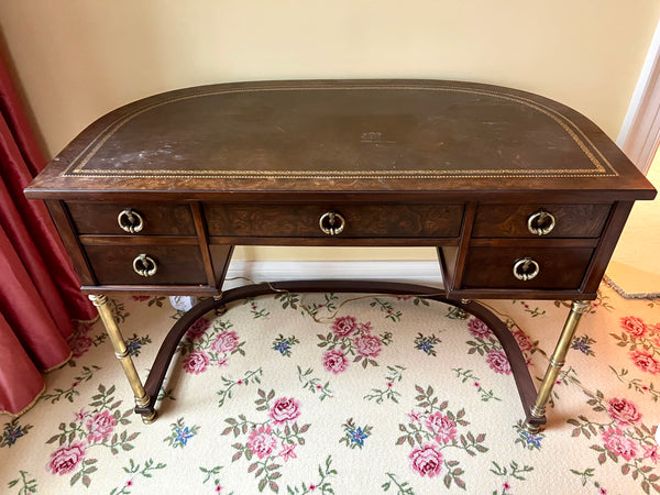 1980's Sligh Burled Walnut Brass Leg Leather Topped Desk