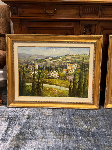 Pair of Custom Framed Italian Oil on Canvas Tuscany Paintings