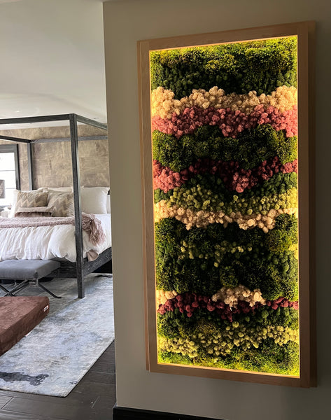 Custom Made Framed, Lighted Decorative Wall Art Panel Featuring Stabilized Natural Lichens, Moss and Plants