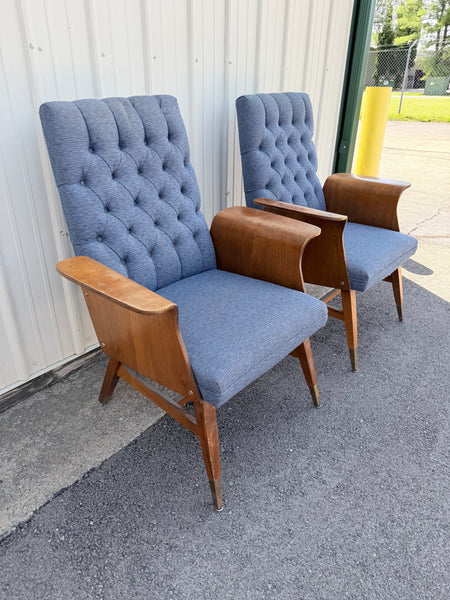 Pair of Vintage 1960 Mid-Century Modern Tufted Lounge Chairs with Bentwood Arms & Brass Ferrules