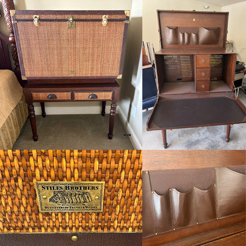 Vintage Rattan and Leather Stiles Brothers for Bauer 2 Piece Campaign Desk Trunk