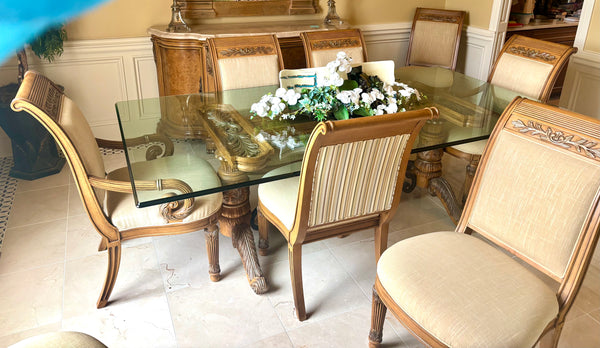 HENREDON Trestle Dining Table with Glass Top and 8 Chairs