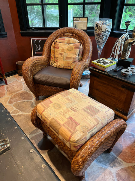 Pair of Pottery Barn Malabar Rattan Chairs and Ottoman