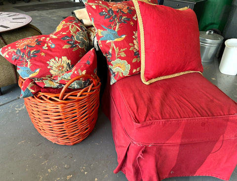 Pottery Barn Red Slipcovered Ottoman and 6 Throw Pillows