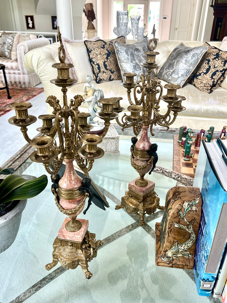 Pair of Antique Red Marble and Gilt Bronze Candelabras - Louis XVI Style