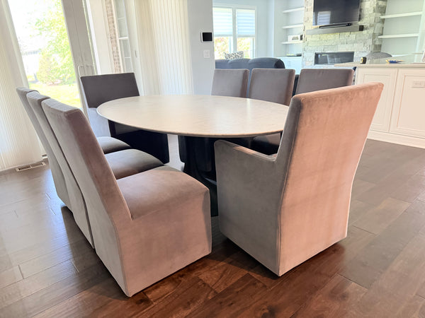 Set of 8 RESTORATION HARDWARE Ellison High Back Dining Chairs with Rollers
