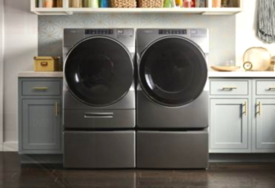 Whirlpool Chrome Shadow Electric Front Load Washer and Dryer Set with Pedestals