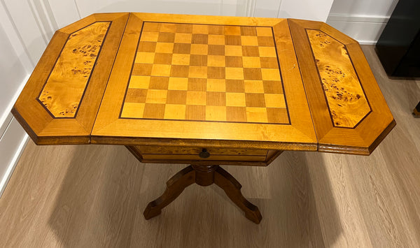 Vintage Italian Burled Fruitwood Dropped Leaf Chess Table