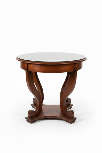 Vintage Regency Style Round End Table with Sculptural Lyre Base and Glass Top