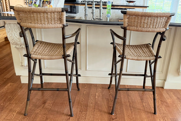 Pair of McGuire 1970's Metal Faux Bamboo and Rope Bar Stools