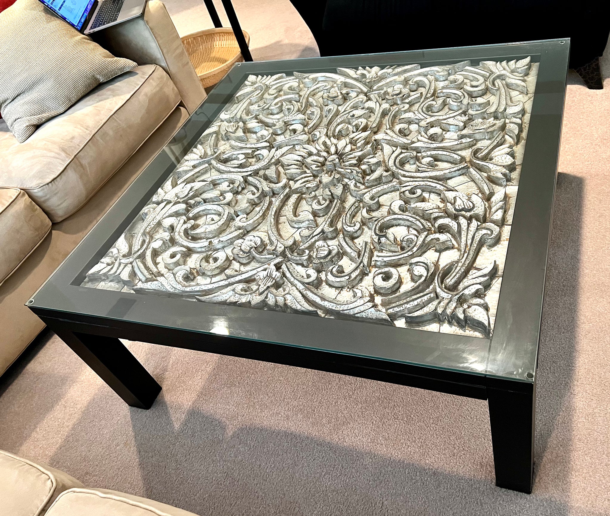 Square Indian Metal Art Coffee Table with Glass Top