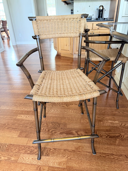 Pair of McGuire 1970's Metal Faux Bamboo and Rope Bar Stools