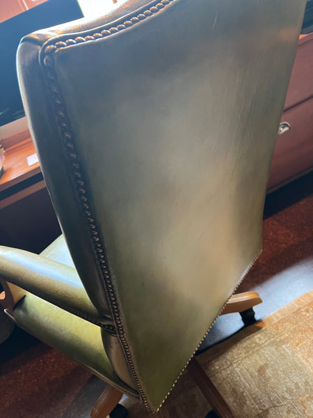 Vintage Green Leather Mahogany Office Chair