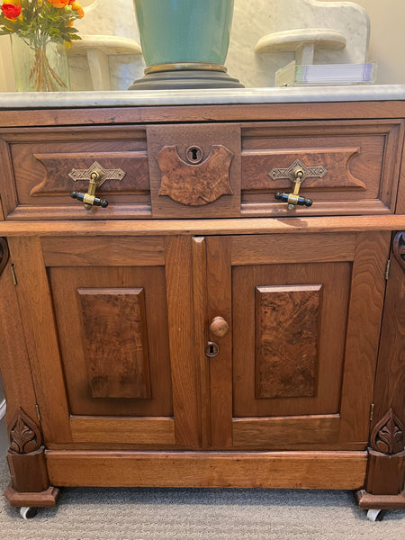 Antique Carved Walnut & Marble Cabinet Table Wash Bin