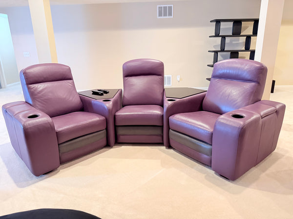 Set of 3 Purple Leather Theator Seating Chairs
