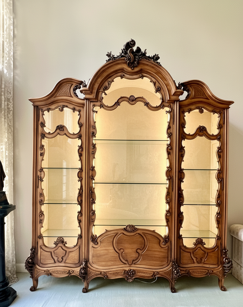 ANTIQUE French Louis XIII Triple Door Vitrine China Cabinet