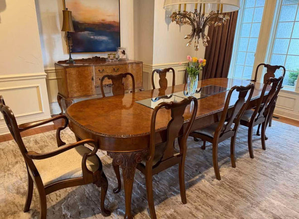 English Queen Anne Burl Walnut & Mahogany 9-Piece Dining Suite