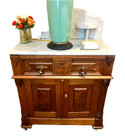Antique Carved Walnut & Marble Cabinet Table Wash Bin