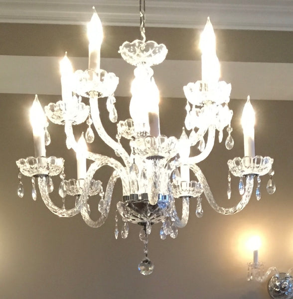 Authentic Waterford Crystal Cranmore Collection 9 Light Chandelier and Pair of Cranmore Sconces (Circa 1980)