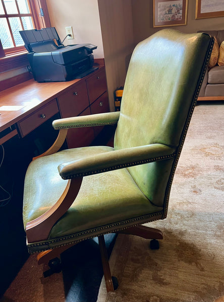 Vintage Green Leather Mahogany Office Chair