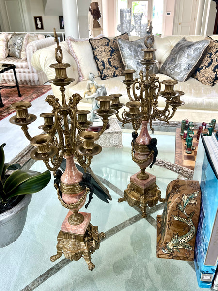 Pair of Antique Red Marble and Gilt Bronze Candelabras - Louis XVI Style