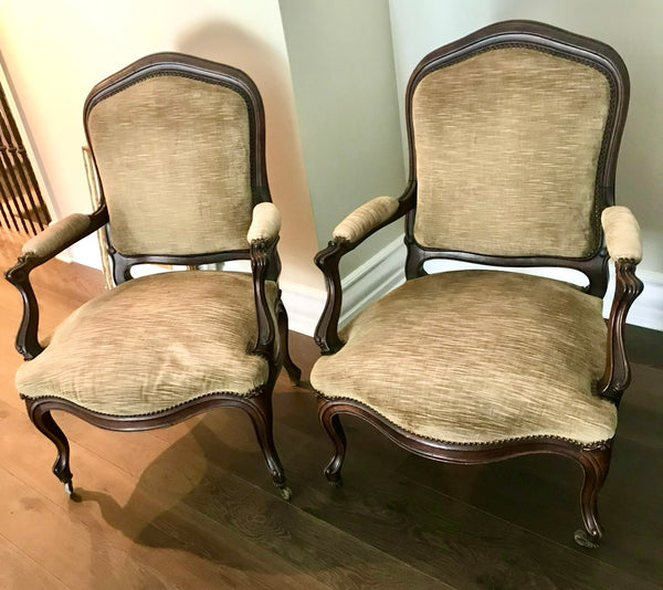 Pair of French Louis XV Antique Armchairs on Casters