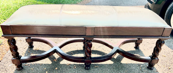 Vintage Hand Carved Gilded Wood Bench with Leather Seat