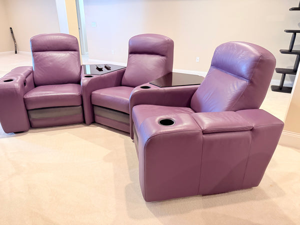 Set of 3 Purple Leather Theator Seating Chairs