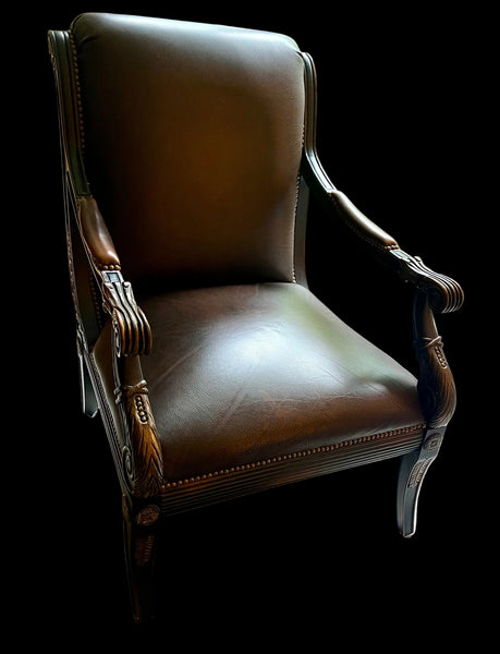 Leather French Carved Arm Chair