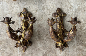 Antique Gold Gilt Iron Leaf Candle Sconces, Pair