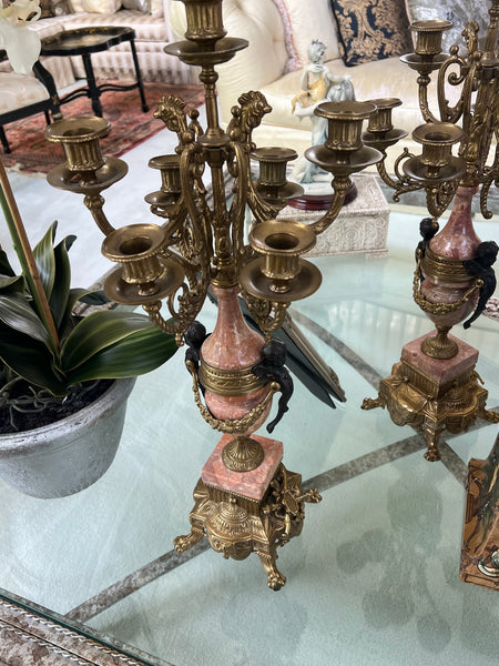 Pair of Antique Red Marble and Gilt Bronze Candelabras - Louis XVI Style