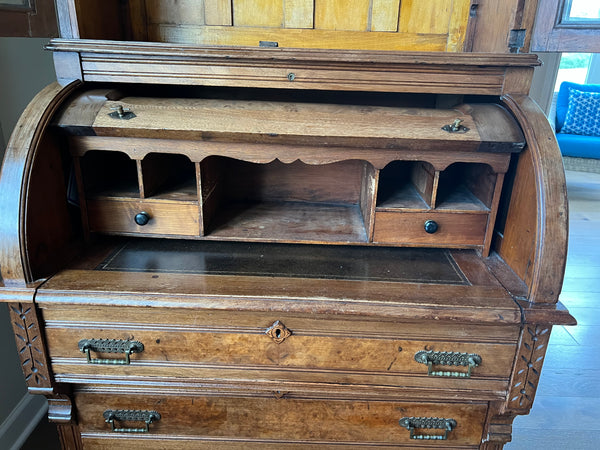 Victorian Antique Burled Walnut Roll Top Secretary Desk, Bookcase