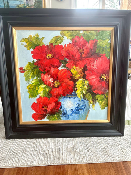 Framed Embossed Red Floral Art