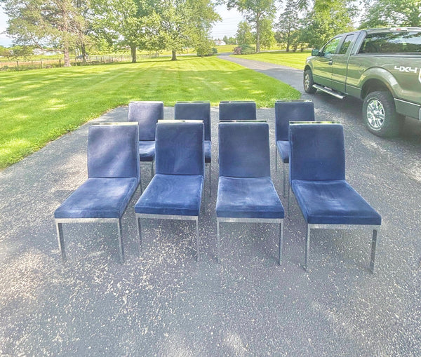 Set of Eight Vintage 1970's MCM Chrome Blue Velvet DIA Dining Chairs by Milo Baughman