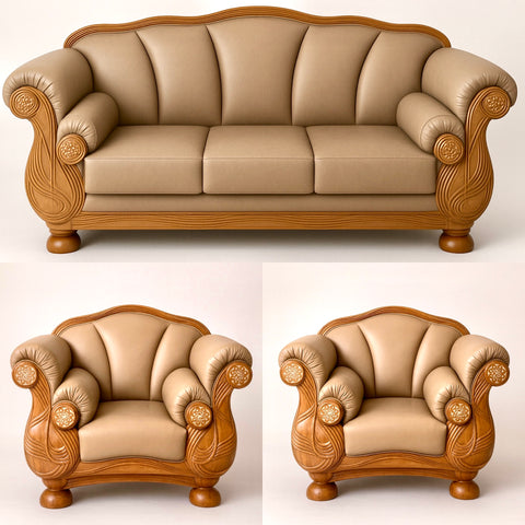 Teak, Leather and Mother of Pearl Sofa and Pair of Chairs Made in Thailand