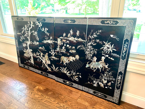 Four Chinese Lacquered and Mother of Pearl Inlaid Wall Panels