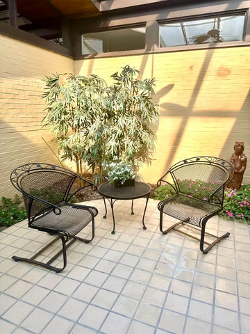 Pair of Vintage Russell Woodard Briarwood Collection Patio Set Barrel Chairs and Side Table