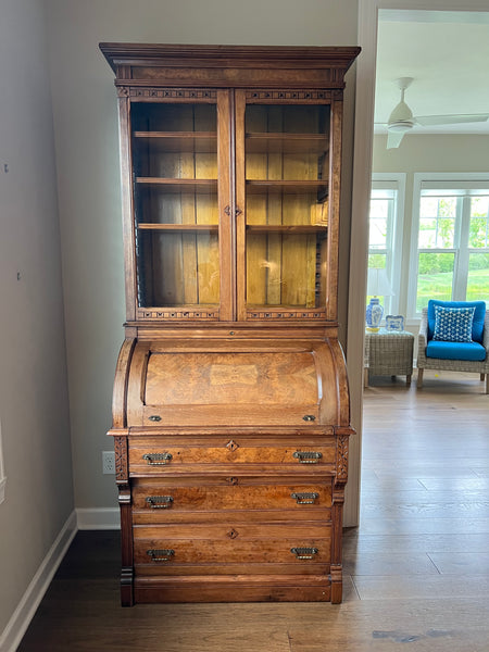 Victorian Antique Burled Walnut Roll Top Secretary Desk, Bookcase