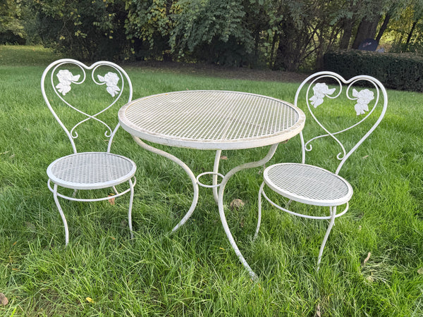 Vintage Mid-Century White Wrought Iron 'Sweetheart' Bistro Set – 3 Piece Garden Dining Group