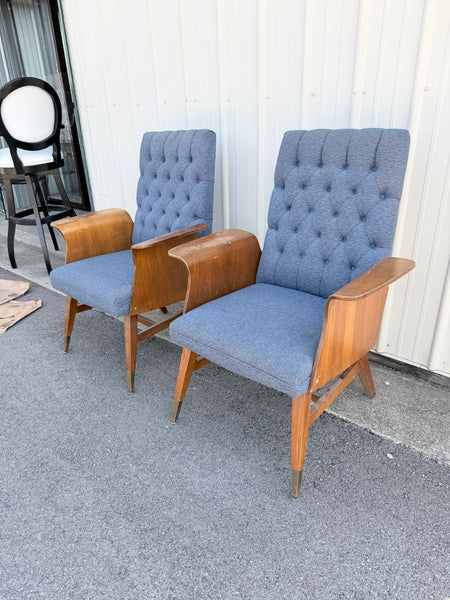 Pair of Vintage 1960 Mid-Century Modern Tufted Lounge Chairs with Bentwood Arms & Brass Ferrules