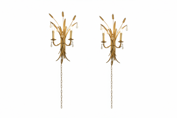 Pair of Italian Gilt Metal Wheat Wall Sconces
