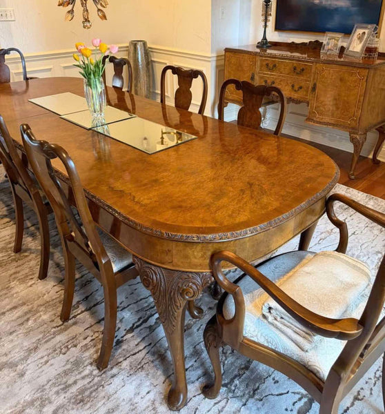 English Queen Anne Burl Walnut & Mahogany 9-Piece Dining Suite