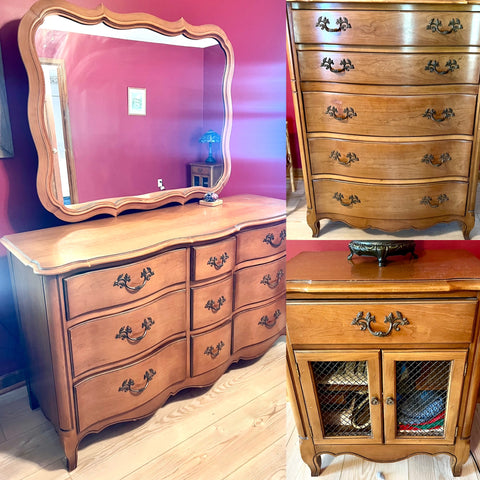 Vintage Lowboy Serpentine Dresser with Mirror, Chest of Drawers and Nightstand