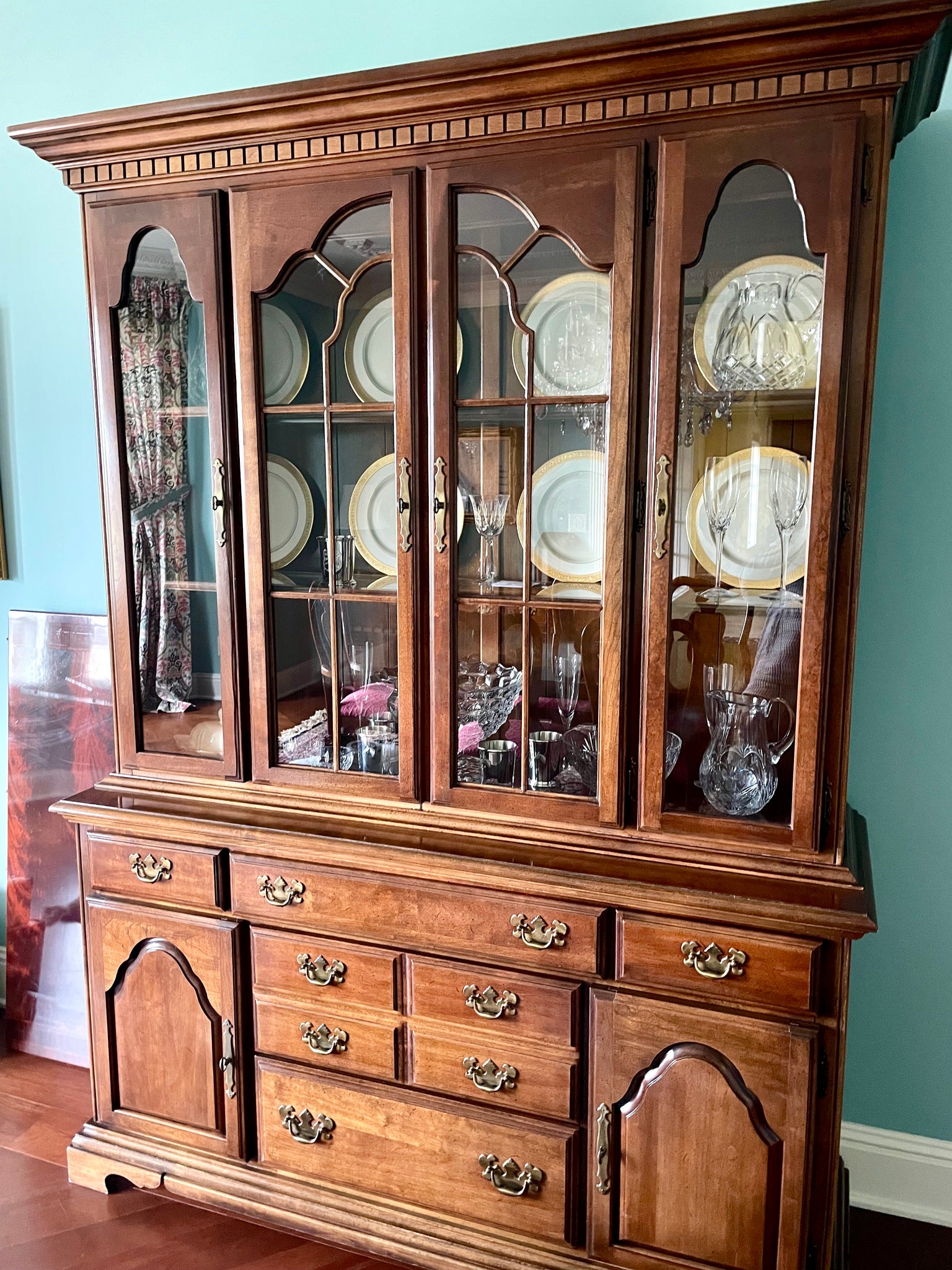 Cherry Colonial China Cabinet Breakfront by American Drew
