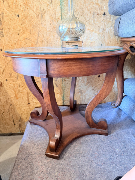 Vintage Regency Style Round End Table with Sculptural Lyre Base and Glass Top