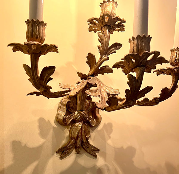 Pair of Louis XV Style Brass 4 Light Antique Sconces