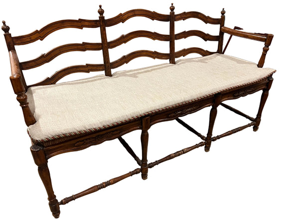 French Country Wicker Rush and Ladderback Triple Seat Bench with Cushion