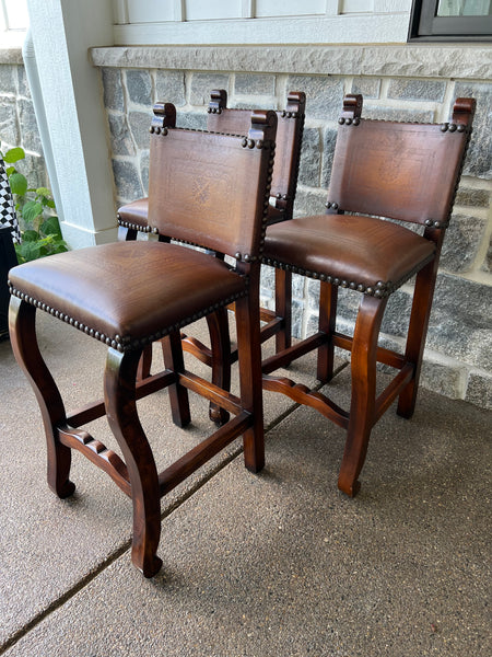 Set of 3 Theodore Alexander Cowhide Bar Stools